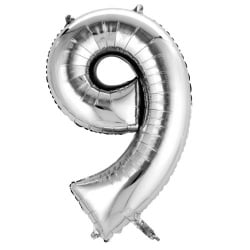 Folien Zahlenluftballon 9 in Silber, ohne Helium verwendbar, 35 cm hoch