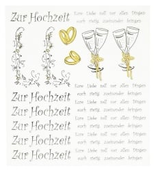 Klebe Sticker Zur Hochzeit mit Schriftzug und Motiven in Gelb