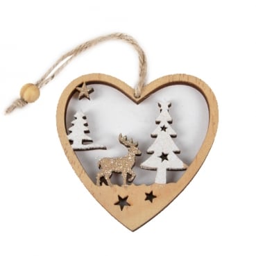 6 Holz Christbaumschmuck, Geschenkanhänger, Herz, Winterwald, 79 mm