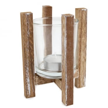 Holzgestell mit Teelichtglas, 13 cm