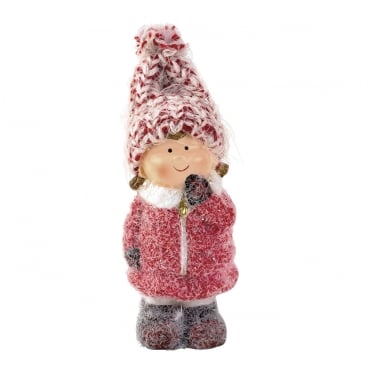 Deko Winter Mädchen mit Strickmütze in Rot/Weiß glitzernd, 12 cm