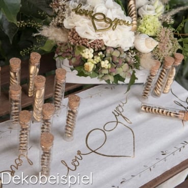 3 Meter Baumwoll Tischläufer Hochzeit, -Love You- in Wollweiß/Gold, 28 cm Dekobeispiel3 Meter Baumwoll Tischläufer Hochzeit, -Love You- in Wollweiß/Gold, 28 cm.