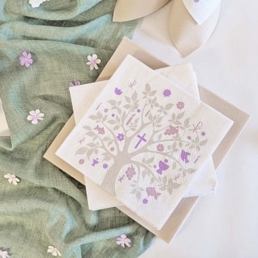 74-teiliges Tischdeko Paket "Baum des Lebens " Kommunion, Konfirmation Dekobeispiel Kommunion Konfirmation Servietten Baum