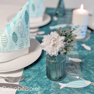 69-teiliges Tischdeko Paket "Fische", Kommunion, Konfirmation Dekobeispiel Tischdeko Blumenvase Fische Petrol-Mint
