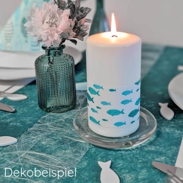 69-teiliges Tischdeko Paket "Fische", Kommunion, Konfirmation Dekobeispiel Tischdeko Servietten Fische Petrol-Mint