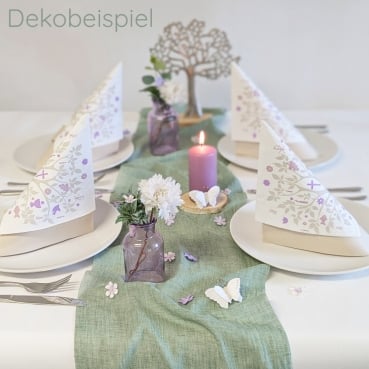 74-teiliges Tischdeko Paket "Baum des Lebens " Kommunion, Konfirmation Dekobeispiel Kommunion Konfirmation Tischläufer eukalyptus