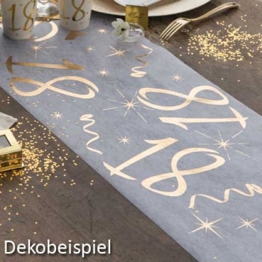 5 Meter Vlies Tischläufer Geburtstag -50- in Weiß/Gold, 30 cm Dekobeispiel Tischläufer Zahl in Weiß/Gold.