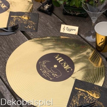 6 Papier Tischsets Goldene Schallplatte, Vinyl, Musik in Gold/Schwarz, 34 cm Dekobeispiel für 6 Papier Tischsets Goldene Schallplatte, Vinyl, Musik in Gold/Schwarz, 34 cm.