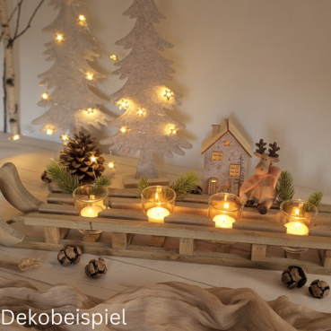 Großer Deko Holz Schlitten mit 4 Teelichtgläsern, Adventskranz, 58 cm Dekobeispiel mit dem großen Deko Holz Schlitten mit 4 Teelichtgläsern, Adventsgestell, 58 cm.