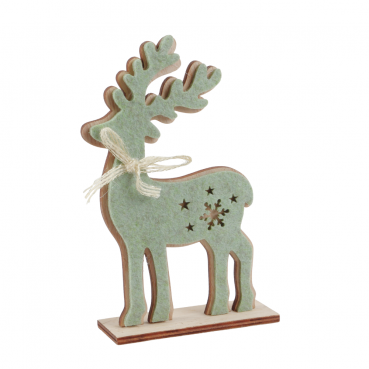 Deko Holz Hirsch mit Filz in Pistachio Green, 17 cm Deko Filz Tannenwald mit Holz Hirsch und RehkDeko Holz Hirsch mit Filz in Pistachio Green, 17 cm. Ansicht leicht schräg.