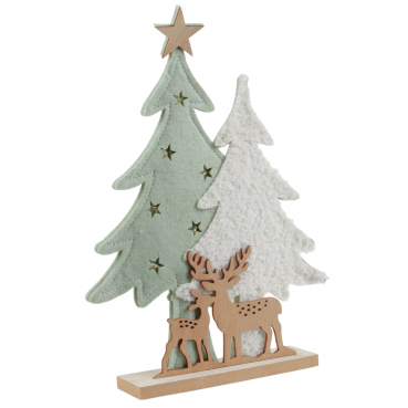 Deko Filz Tannenwald mit Holz Hirsch und Rehkitz mit LED Beleuchtung, 27 cm Deko Filz Tannenwald mit Holz Hirsch und Rehkitz mit LED Beleuchtung, 27 cm. Ansicht Rückseite.
