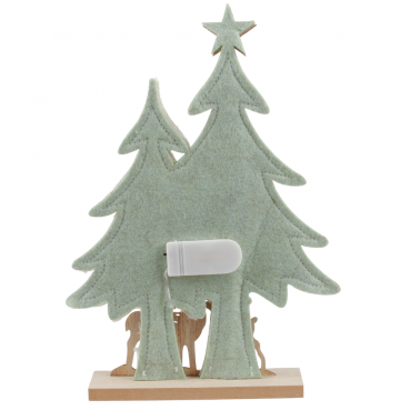 Deko Filz Tannenwald mit Holz Hirsch und Rehkitz mit LED Beleuchtung, 27 cm Deko Filz Tannenwald mit Holz Hirsch und Rehkitz mit LED Beleuchtung, 27 cm. Ansicht Rückseite.