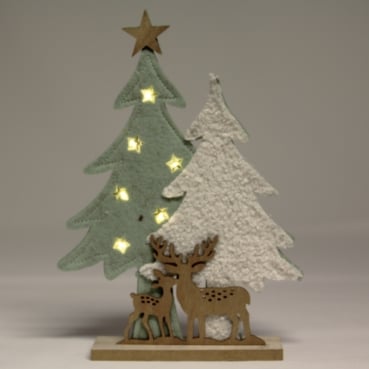 Deko Filz Tannenwald mit Holz Hirsch und Rehkitz mit LED Beleuchtung, 27 cm Deko Filz Tannenwald mit Holz Hirsch und Rehkitz mit LED Beleuchtung, 27 cm.