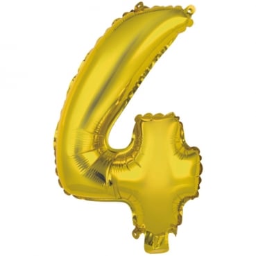 Folien Zahlenluftballon 4 in Gold, ohne Helium verwendbar, 35 cm hoch
