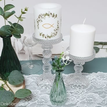 Großer Glas Kerzenständer Kristall-Optik für Stumpenkerzen, 17 cm Dekobeispiel für die Glas Kerzenständer Kristall-Optik für Stumpenkerzen.