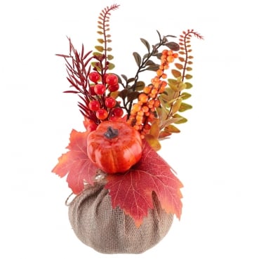 Deko Herbst Bouquet mit Kürbis im Jutesäckchen, 27 cm Deko Herbst Bouquet mit Kürbis im Jutesäckchen, 27 cm