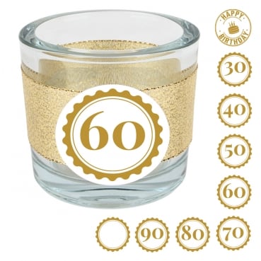 Kerzenglas Geburtstag, Glitzerband in Gold mit auswählbarer Jahreszahl, 80 mm Kerzenglas Geburtstag, Glitzerband in Gold mit auswählbarer Jahreszahl, 80 mm