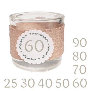 Kerzenglas Geburtstag, Kranz mit auswählbarer Jahreszahl, 80 mm Kerzenglas Geburtstag, Kranz mit auswählbarer Jahreszahl, 80 mm