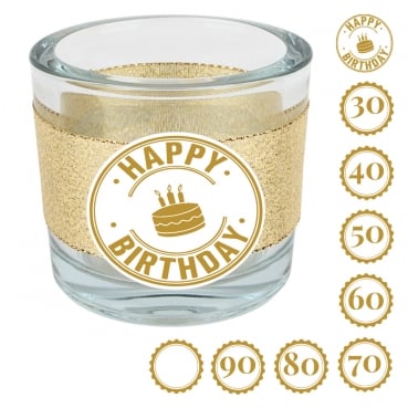 Kerzenglas Geburtstag, Glitzerband in Gold mit auswählbarer Jahreszahl, 80 mm Kerzenglas Geburtstag, Glitzerband in Gold mit auswählbarer Jahreszahl oder Schriftzug Happy Birthday, 80 mm.