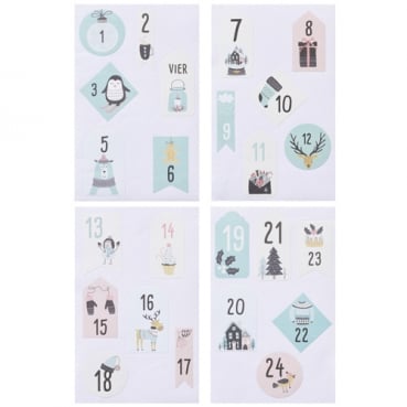 24 Adventskalender Zahlen Sticker mit Motiven in Pastell