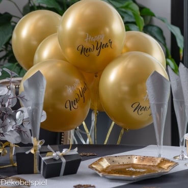 6 Luftballons Silvester, -Happy New Year- in Gold Dekobeispiel für die 6 Luftballons Silvester, -Happy New Year- in Gold.