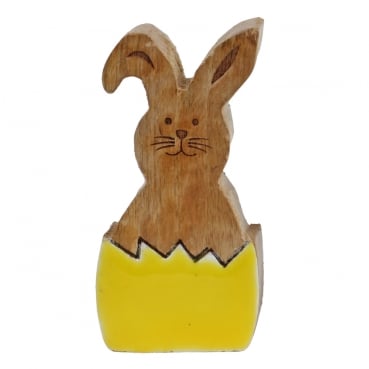 Mangoholz Osterhase, Eierschalen-Optik in Gelb, 10 cm