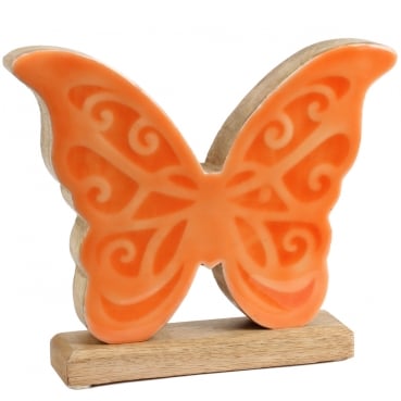 Deko Schmetterling aus Mangoholz, Glanz in Apricot-Orange, 19,5 cm