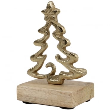 Kleiner Metall Weihnachtsbaum in Gold auf Holz Sockel, 11 cm