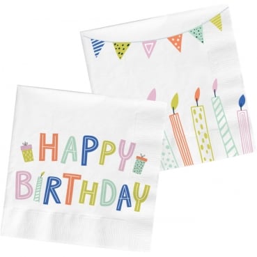 20er Pack Servietten Geburtstag, -Happy Birthday- , bunt, zweiseitig, 33 x 33 cm