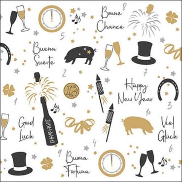 20er Pack Servietten Silvester Symbole in Schwarz/Gold, 33 x 33 cm