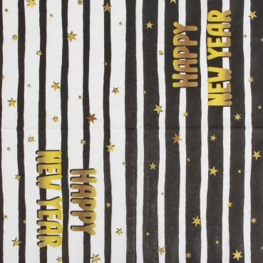 20er Pack Servietten Silvester, -Happy New Year-, vierseitig in Schwarz/Weiß, 33 x 33 cm 20er Pack Servietten Silvester, -Happy New Year-, vierseitig in Schwarz/Weiß, 33 x 33 cm, aufgefaltet.