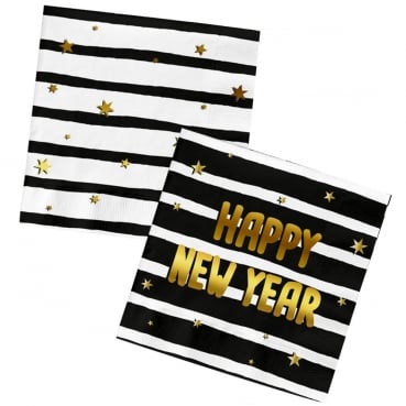 20er Pack Servietten Silvester, -Happy New Year-, vierseitig in Schwarz/Weiß, 33 x 33 cm