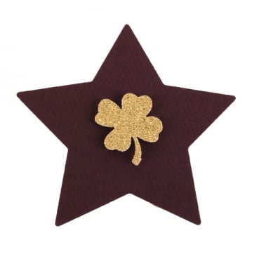 10 Silvester Sterne mit Kleeblatt in Aubergine/Gold glitzernd, 70 mm