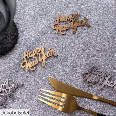 10 Holz Streuteile Silvester -Happy New Year- in Gold/Silber, 58 mm Dekobeispiel für die 10 Holz Streuteile Silvester -Happy New Year- in Gold/Silber, 58 mm.