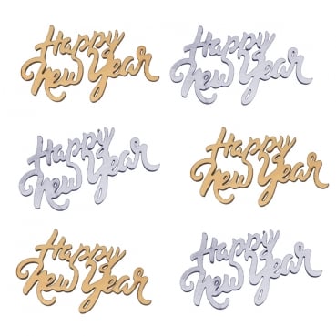 10 Holz Streuteile Silvester -Happy New Year- in Gold/Silber, 58 mm