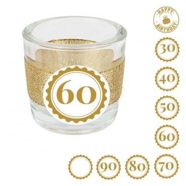 Teelichtglas Geburtstag, Glitzerband in Gold mit auswählbarer Jahreszahl, 65 mm Teelichtglas Geburtstag, Glitzerband in Gold mit auswählbarer Jahreszahl, 65 mm