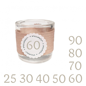 Teelichtglas Geburtstag, Kranz mit auswählbarer Jahreszahl, 65 mm Teelichtglas Geburtstag, Kranz mit auswählbarer Jahreszahl, 65 mm