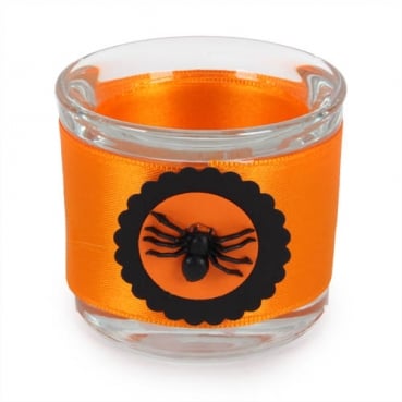 Teelichtglas Halloween Spinne in Orange/Schwarz, 65 mm