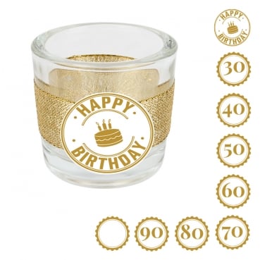 Teelichtglas Geburtstag, Glitzerband in Gold mit auswählbarer Jahreszahl, 65 mm Teelichtglas Geburtstag, Glitzerband in Gold mit auswählbarer Jahreszahl oder Schriftzug Happy Birthday, 65 mm.