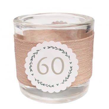 Teelichtglas Geburtstag, Kranz mit auswählbarer Jahreszahl, 65 mm Teelichtglas Geburtstag, Kranz mit auswählbarer Jahreszahl, 65 mm.