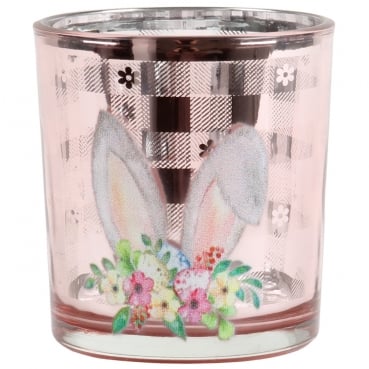 Teelichtglas Ostern, Hasenohren, Blümchen in Rosa/Silber verspiegelt, 80 mm