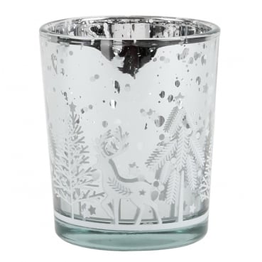 Teelichtglas Winterszene mit Hirsch in Silber verspiegelt, 67 mm