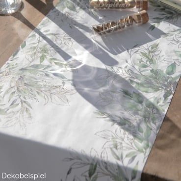 3 Meter Stoff Tischläufer Blätterdesign in Grün/Gold, 28 cm Dekobeispiel für den Stoff Tischläufer Blätterdesign in Grün/Gold, 28 cm.