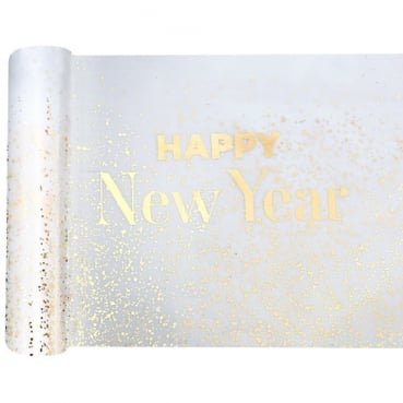 5 Meter Vlies Tischläufer Silvester, Happy New Year in Weiß/Gold, 28 cm 5 Meter Vlies Tischläufer Silvester, Happy New Year in Weiß, 28 cm.