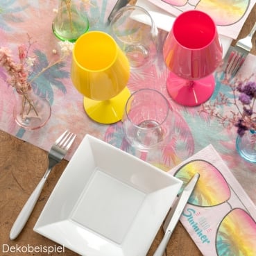 5 Meter Vlies Tischläufer Sommer, Bunte Palmen, 30 cm Dekobeispiel für den Tischläufer Sommer, Bunte Palmen, 30 cm.