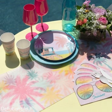 5 Meter Vlies Tischläufer Sommer, Bunte Palmen, 30 cm Dekobeispiel für den Tischläufer Sommer, Bunte Palmen, 30 cm.