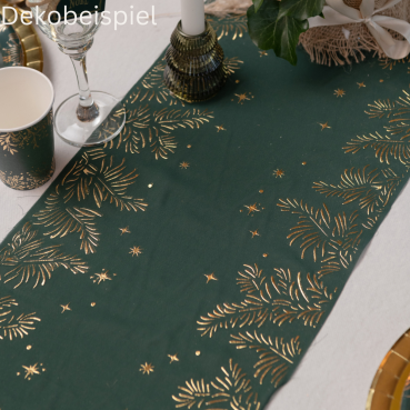2,5 Meter Tischläufer hauchdünn, Weihnachten, Blätter in Tannengrün/Gold, 27 cm Dekobeispiel mit dem Tischläufer hauchdünn, Weihnachten, Blätter in Tannengrün/Gold, 27 cm.