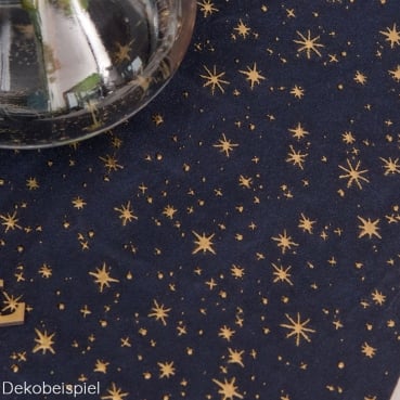 2,5 Meter Stoff Tischläufer Weihnachten, Sterne in Dunkelblau/Gold, 27 cm 2,5 Meter Stoff Tischläufer Weihnachten, Sterne in Dunkelblau/Gold, 27 cm. Nahaufnahme.