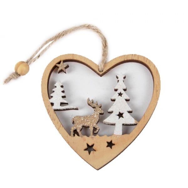 6 Holz Christbaumschmuck, Geschenkanhänger, Herz, Winterwald, 79 mm.