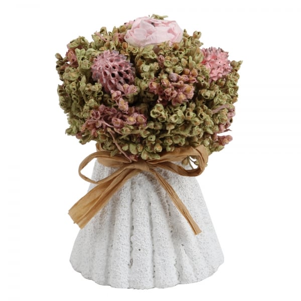 Kleines Trockenblumen Bouquet in Rosa und Hellgrün mit Fuß in Keramik-Optik, 12 cm.